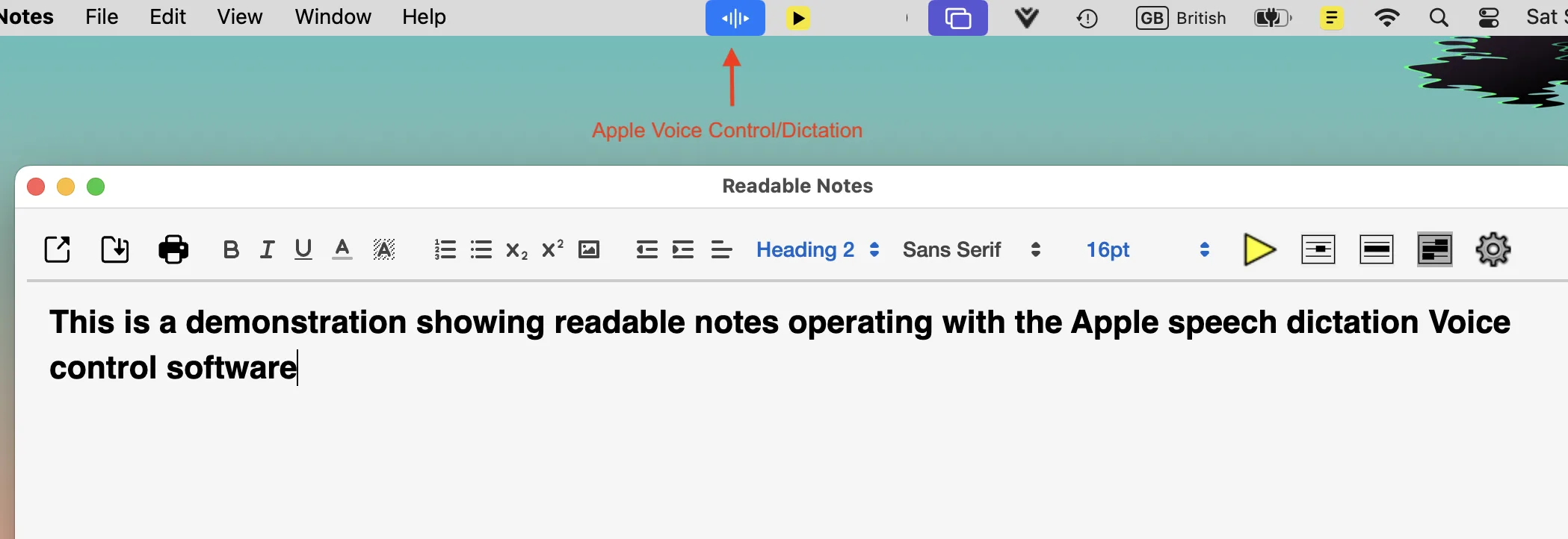 Readable Notes for Mac with macOS dictation active, showing spoken text appearing in the document